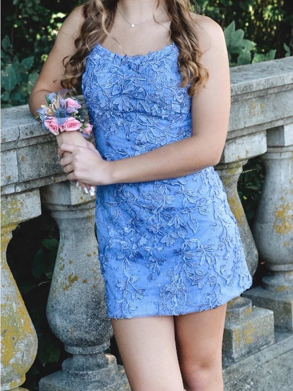Sherri Hill Periwinkle floral lace appliqué spaghetti strap mini dress